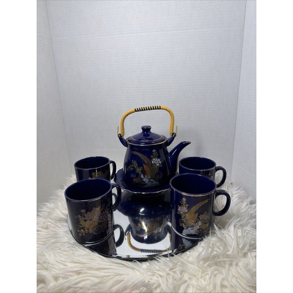 Vintage ST  Japan Cobalt Blue Porcelain Teapot & 4 Cup Peacock Floral Gold Trim